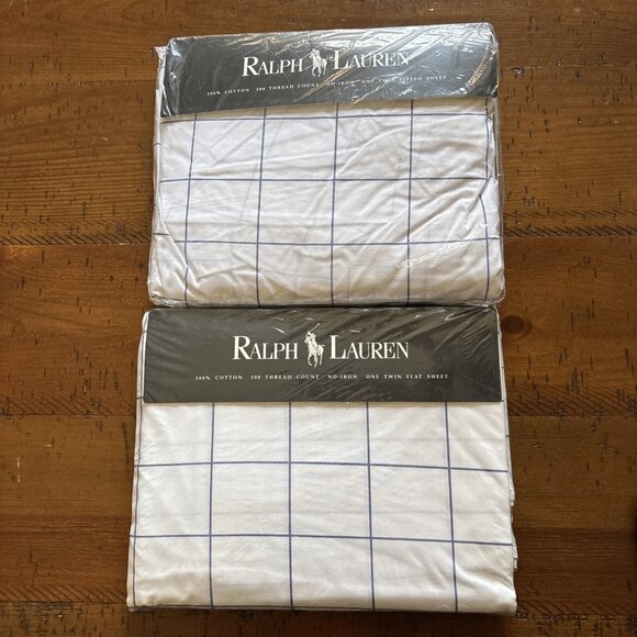Ralph Lauren 100% Cotton Twin Sheet Set White With Blue New 200 Thread Count - Picture 1 of 7